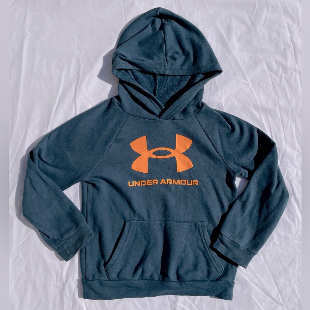Under Armour Boys Dark Teal Hoodie with Orange Logo, Size YSM